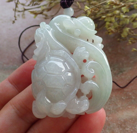 Certified Icy Green Pale Lavender Burma 100% Natural A Jade jadeite Pendant Dragon Turtle Ruyi Coin Necklace 龙龟 574488 TN