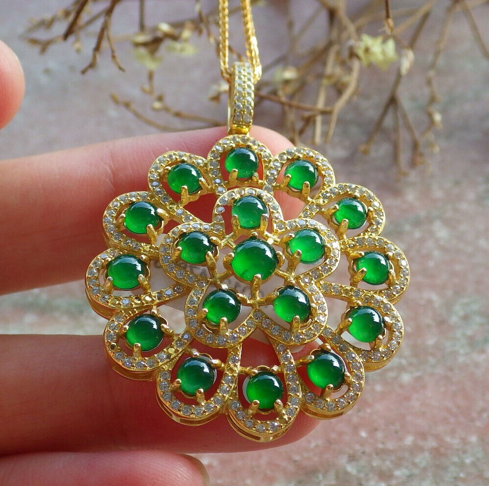 Icy Green Silver 925 Certified Burma 100% Natural A JADE Jadeite pendant Cabochon Flower Necklace 花开富贵 635118  TN