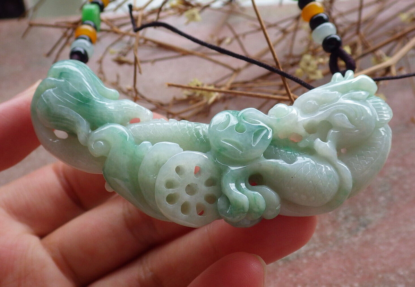 Certified Green Burma 100% Natural A Jade jadeite Pendant Dragon Bead Necklace 生意兴隆 635341  TN