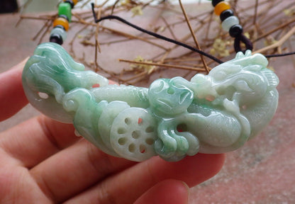 Certified Green Burma 100% Natural A Jade jadeite Pendant Dragon Bead Necklace 生意兴隆 635341  TN