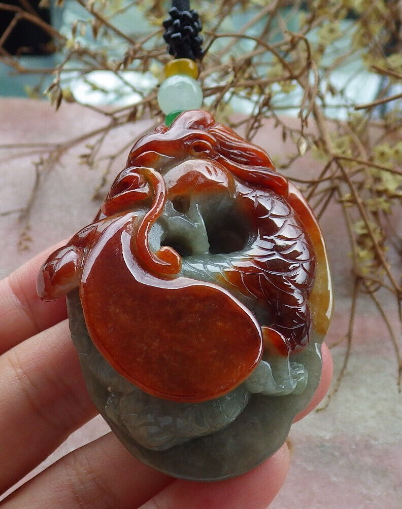 Certified Red Green Burma 100% Natural A Jade jadeite Pendant Dragon Ruyi Necklace 生意兴隆 632668  TN