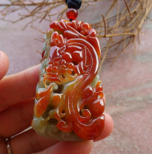 Certified Red 100% Natural A Jade jadeite Pendant Dragon Bat Lotus Leaf Necklace 龙 526231  TN