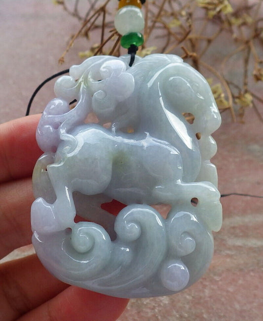 Certified Green Lavender Burma 100% Natural A Jade jadeite Pendant Horse Ruyi Necklace 马到功成 634117  TN