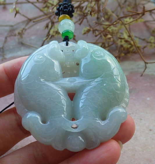 Certified Green Burma 100% Natural A Jade jadeite Pendant Fish Money Coin Necklace 年年有余 633170  TN
