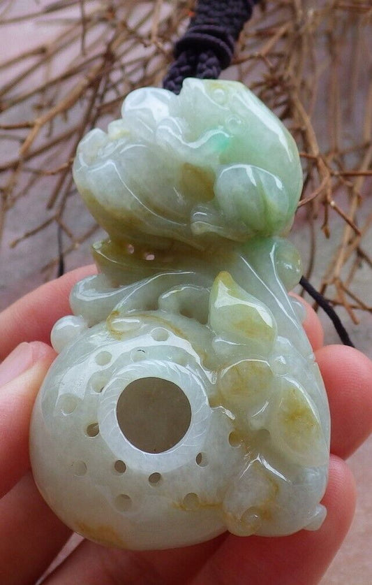 Certified Green Yellow 100% Natural A Jade jadeite Pendant Frog Toad Lotus Flower Coin Necklace 金蟾 528651  TN