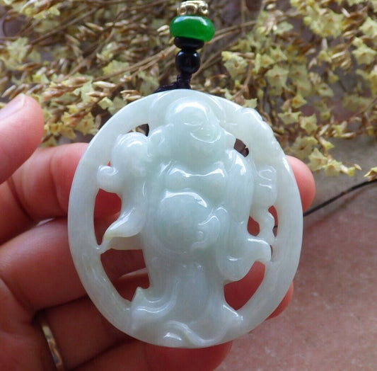 Certified Green 100% Natural A Jade jadeite pendant Happy Buddha God Ruyi Necklace 开心佛 524275  TN