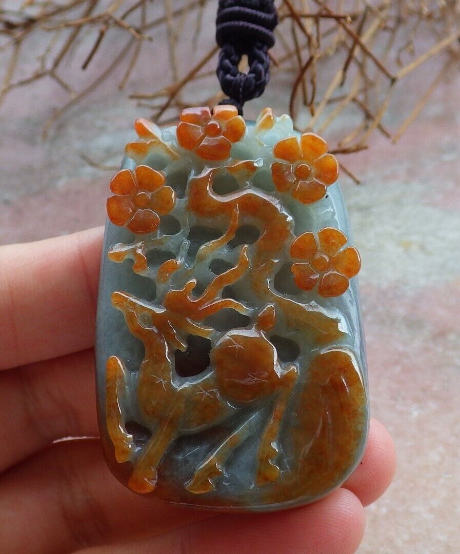 Certified Red Green 100% Natural A Jade jadeite Pendant Deer Flower Necklace 梅花鹿 529538   TN