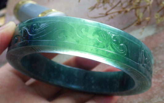 Certified Icy Green Burma 100% Natural A JADE Jadeite Dragon Phoenix Bangle Bracelet 64 mm 手镯 633660  TN