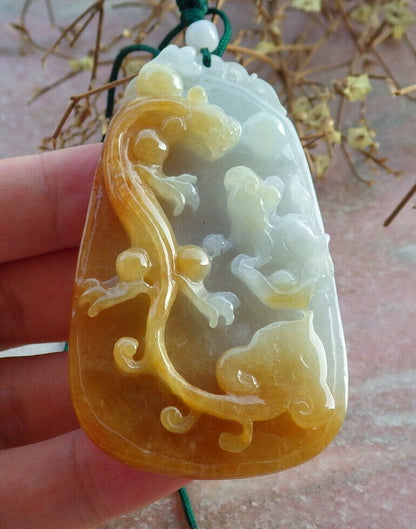 Certified Yellow Burma 100% Natural A Jade jadeite Pendant Dragon Pi Xiu Mouse Rat Ruyi Bead Necklace 风水貔貅 634137  TN