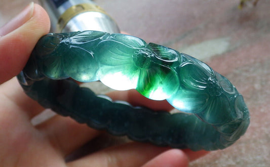 Certified Icy Blue Water Green Burma 100% Natural A JADE Jadeite Flower Bangle Bracelet 62 mm 635320  TN
