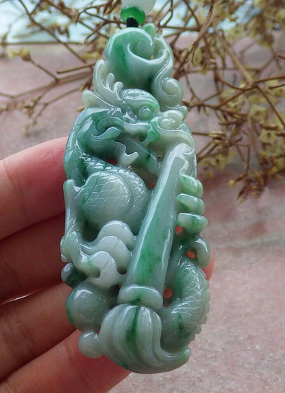 ertified Green Burma 100% Natural A Jade jadeite Pendant Dragon Pen Lotus Flower Necklace 生意兴隆 632975  TN