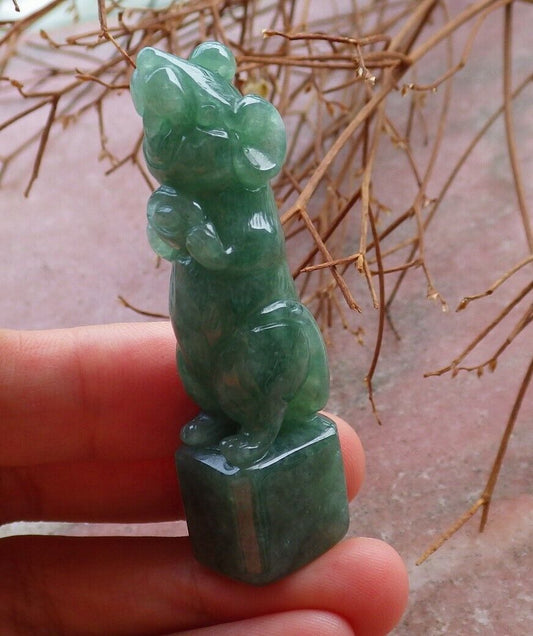 Certified Green 100% Natural A Jade jadeite Display Mouse Rat Yuan Bao Chop Seal 印章 526183  tn