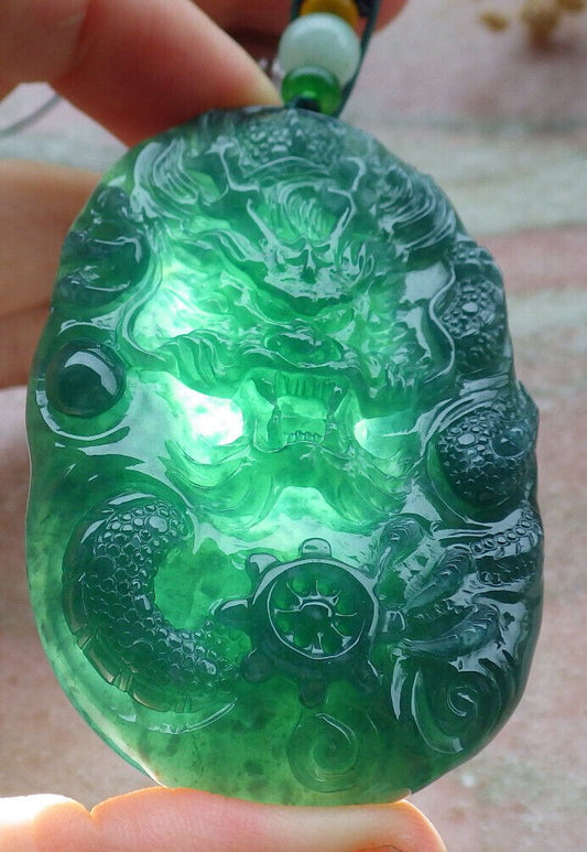 Certified Icy Green Burma 100% Natural A Jade jadeite Pendant Dragon Bead Necklace 生意兴隆 636328  TN