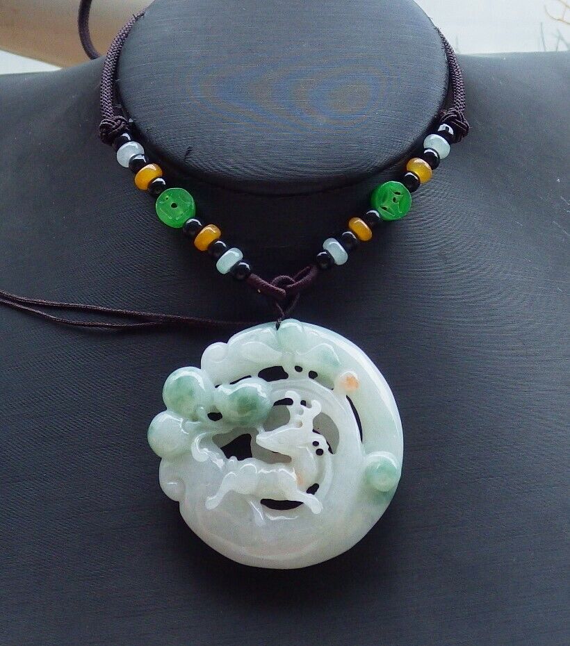 Certified Green 100% Natural A Jade jadeite Pendant Deer Peach Lotus Flower Ruyi Necklace 梅花鹿 526039  TN