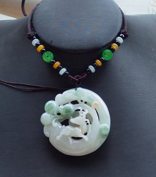 Certified Green 100% Natural A Jade jadeite Pendant Deer Peach Lotus Flower Ruyi Necklace 梅花鹿 526039  TN