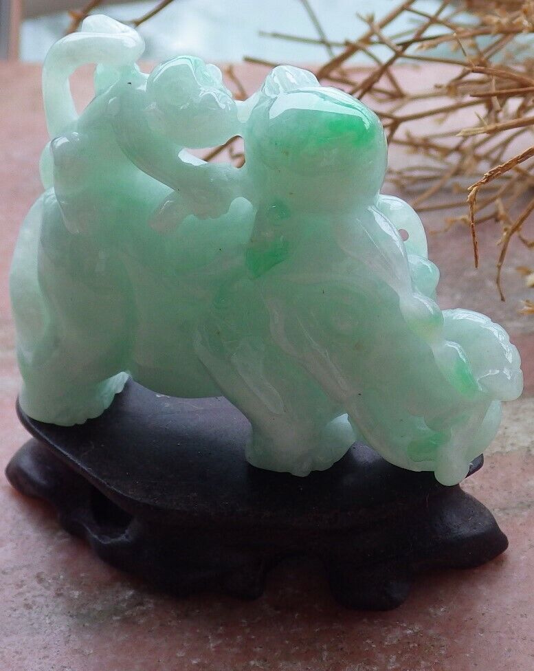 Certified Green 100% Natural A Jade jadeite Display Elephant Money Peach 大象 520344  TN** Include woodstand **
