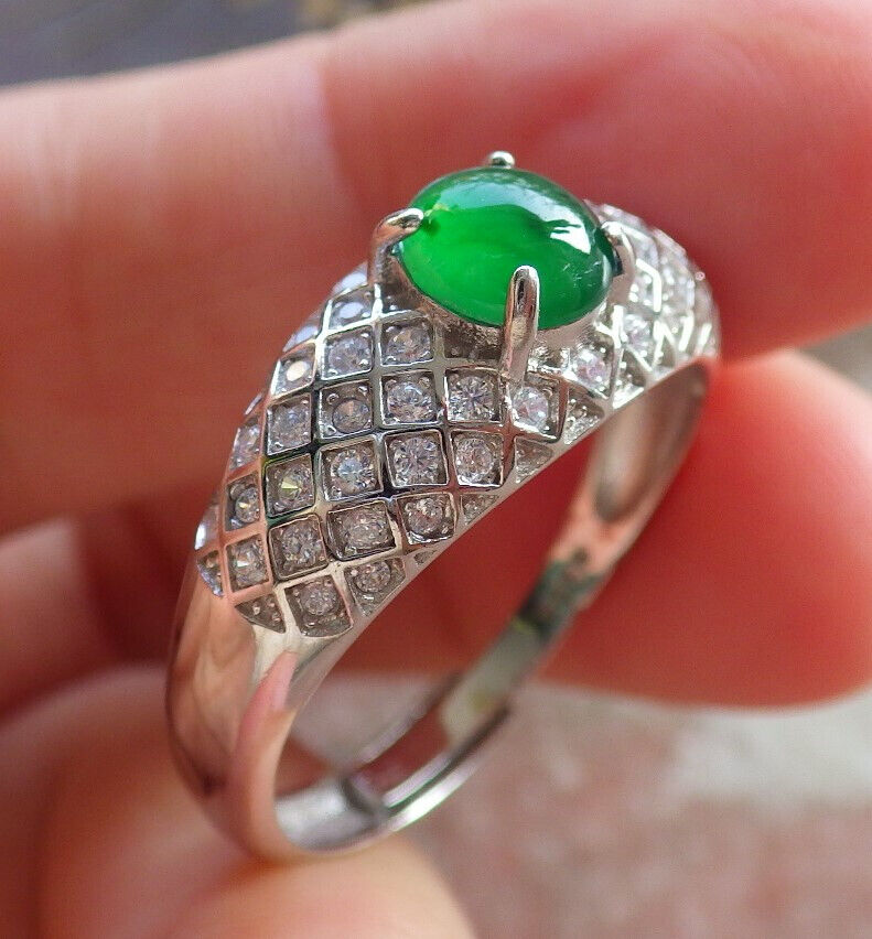 Certified Icy Green silver 0.925 Burma 100% Natural A JADE Jadeite Cabochon RING USA 10.75 戒指 645789 TN