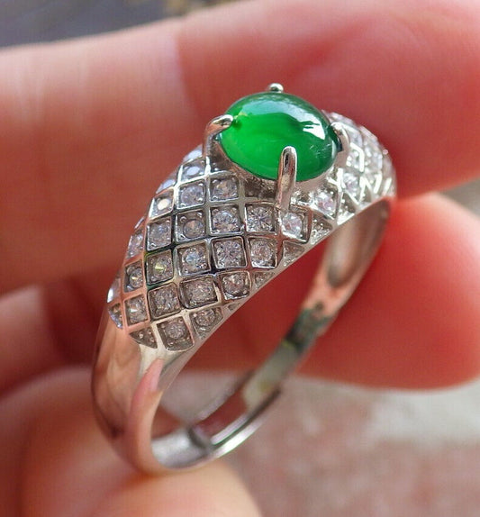 Certified Icy Green silver 0.925 Burma 100% Natural A JADE Jadeite Cabochon RING USA 10.75 戒指 645789 TN