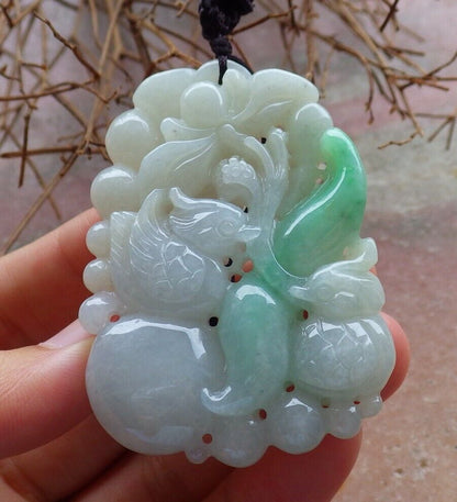Certified Green 100% Natural A Jade jadeite Pendant Mandarin Duck Phoenix Lotus Flower Ruyi Necklace 鸳鸯 528863  TN