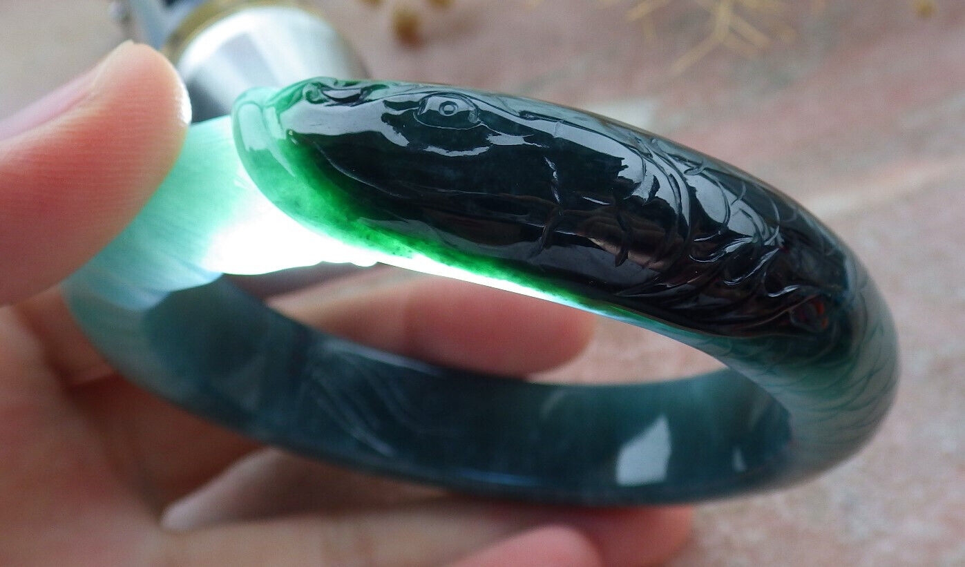 Certified Icy Green Burma 100% Natural A JADE Jadeite Fish Bangle Bracelet 60 mm 手镯 636582  TN