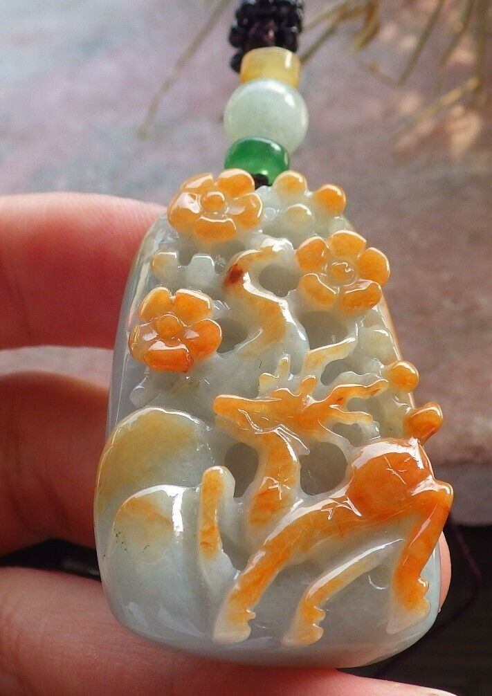 Certified Red Green Burma 100% Natural A Jade jadeite Pendant Deer Flower Necklace 梅花鹿 646488 TN