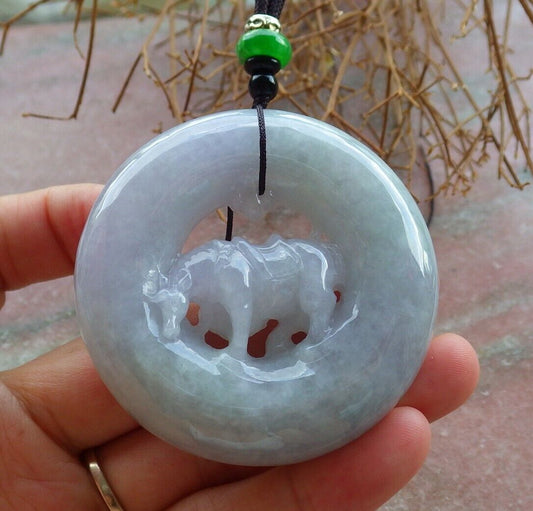 Certified Lavender Green 100% Natural A Jade jadeite pendant Cow Ox Circle Necklace 风水牛 523734 TN
