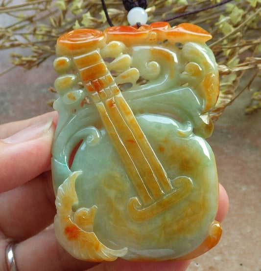 Certified Red Green Burma 100% Natural A Jade jadeite Pendant Bird Lotus Flower Guitar Necklace 吉他 575324 TN