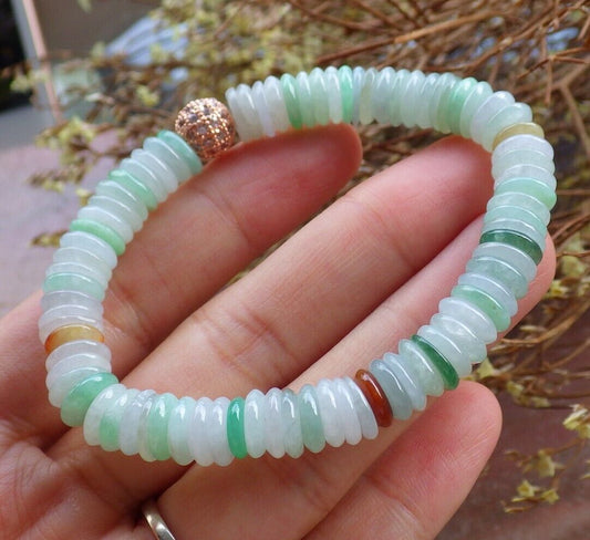 Certified Yellow Green Pale Lavender 100% Natural A JADE Jadeite Bead Beads Bangle Circle Bead Beads Bangle Bracelet 平安扣手链 525208   TN