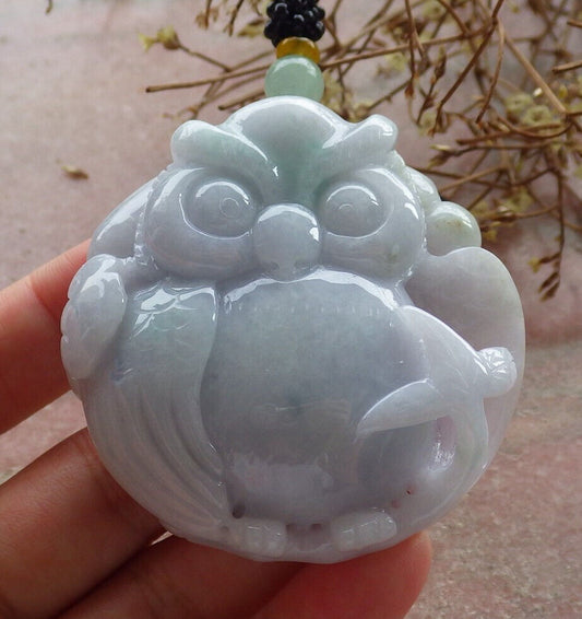 Certified Green Burma 100% Natural A Jade jadeite Pendant Owl Ruyi Necklace 猫头鹰 633581  TN