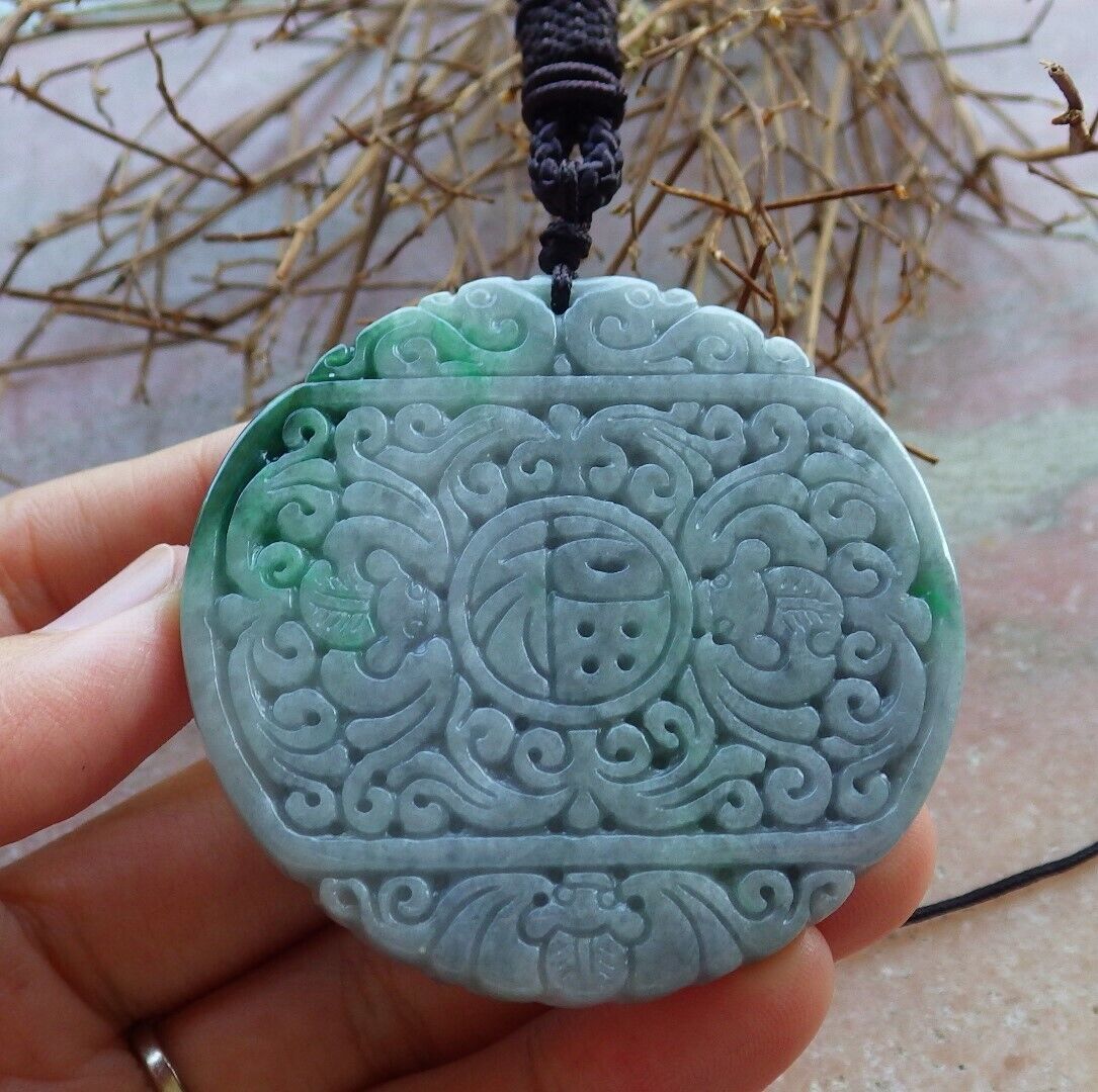 Certified Green Pale Lavender 100% Natural A Jade jadeite Pendant Bat Dragon Flower Coin Ruyi * Fu * Necklace 龙蝙蝠花牌 529263  TN