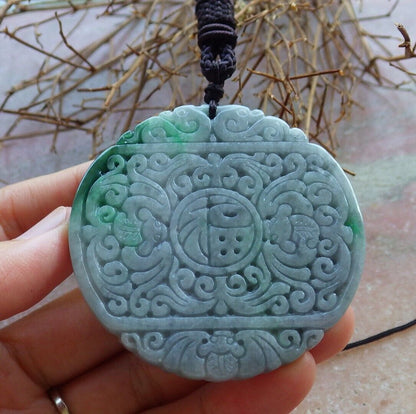 Certified Green Pale Lavender 100% Natural A Jade jadeite Pendant Bat Dragon Flower Coin Ruyi * Fu * Necklace 龙蝙蝠花牌 529263  TN