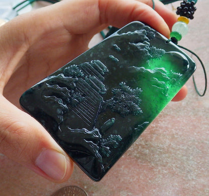 Atestita Glacia Blua Akvo Birmo 100% Natura A Jadejadeito Pendilo Pejzaĝa Pentrado Arba Koliero 山水画 634453 TN