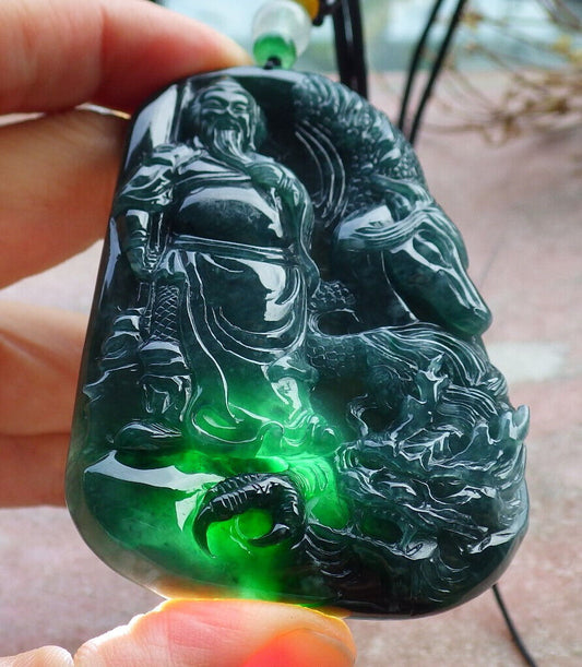 Certified Icy Green Burma 100% Natural A Jade jadeite pendant Guan Gong God Dragon Horse Sword Necklace 关公 635214  TN
