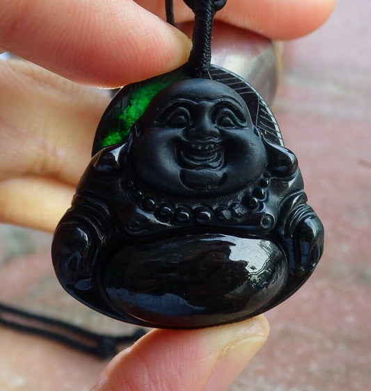 Certified Black Green 100% Natural A Jade jadeite pendant Happy Buddha God Necklace 墨翠 佛公 528926  TN