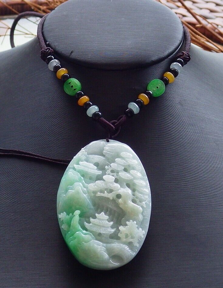 Certified Green Burma 100% Natural A Jade jadeite Landscape painting Tree Necklace 山水画 525706  TN