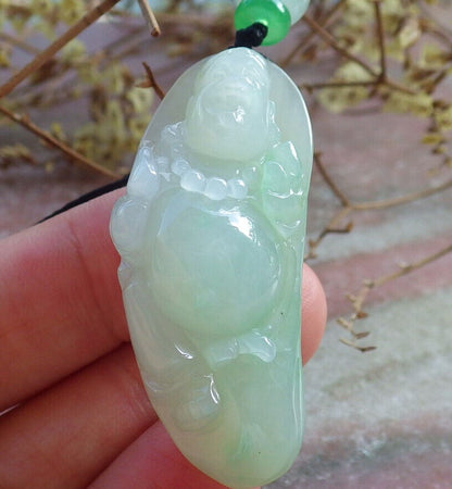 Certified Green Burma 100% Natural A Jade jadeite pendant Happy Buddha God Gourd Necklace 开心佛 632780 TN