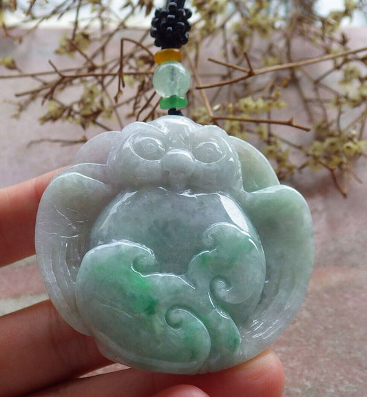 Certified Green Burma 100% Natural A Jade jadeite Pendant Owl Ruyi Coin Necklace 猫头鹰 633414  TN
