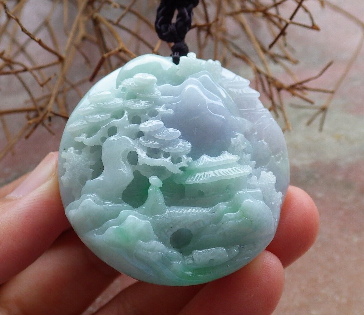 Certified Green Pale Lavender Burma 100% Natural A Jade jadeite Landscape painting Tree Necklace 山水画 528872  TN