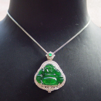 Icy Green Silver 925 Certified Burma 100% Natural A JADE Jadeite pendant Happy Buddha God Necklace 佛公 635107   TN