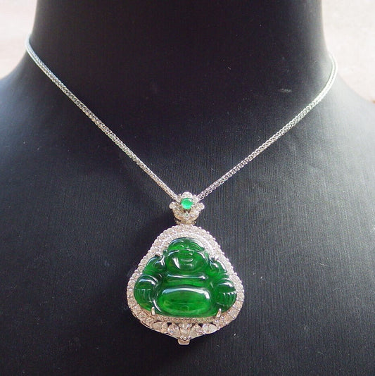 Icy Green Silver 925 Certified Burma 100% Natural A JADE Jadeite pendant Happy Buddha God Necklace 佛公 635107   TN