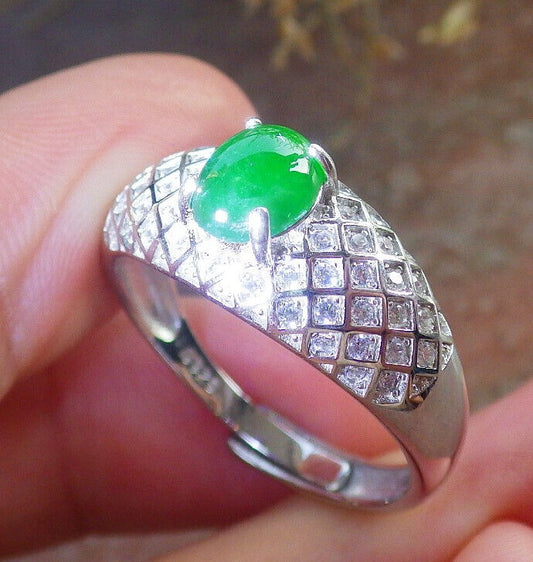 Certified Icy Green silver 0.925 Burma 100% Natural A JADE Jadeite Cabochon RING USA 10 戒指 645801 TN