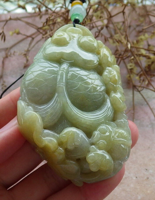 Certified Yellow Green Burma 100% Natural A Jade jadeite pendant Gold Fish Bat Lotus Leaf Coin Necklace 金玉满堂 632625  TN