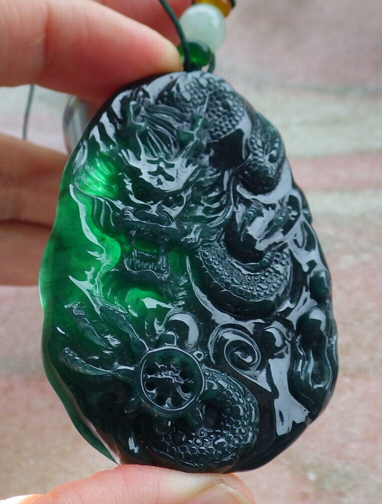 Certified Icy Blue Water Green Burma 100% Natural A Jade jadeite Pendant Dragon Bead Necklace 生意兴隆 636290  TN