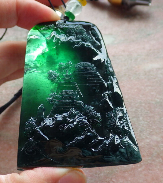 Certified Icy Blue Water Green Burma 100% Natural A Jade jadeite Landscape painting Tree Necklace 山水画 634014  TN