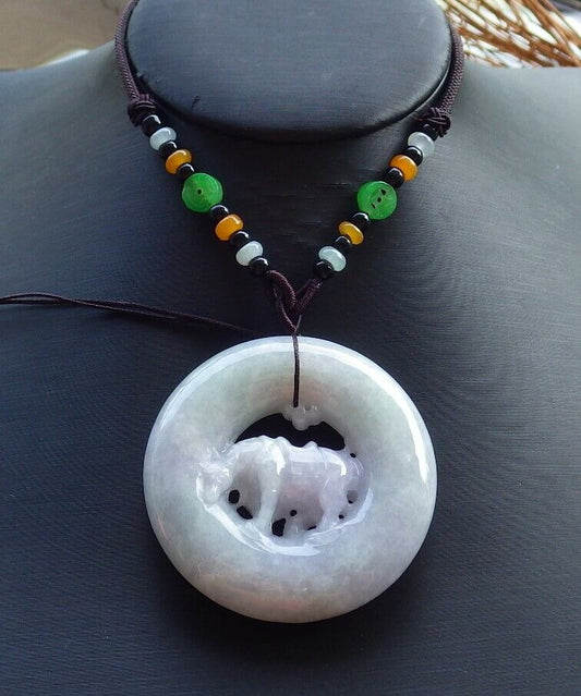 Certified Lavender Green 100% Natural A Jade jadeite pendant Cow Ox Circle Necklace 风水牛 526223  TN