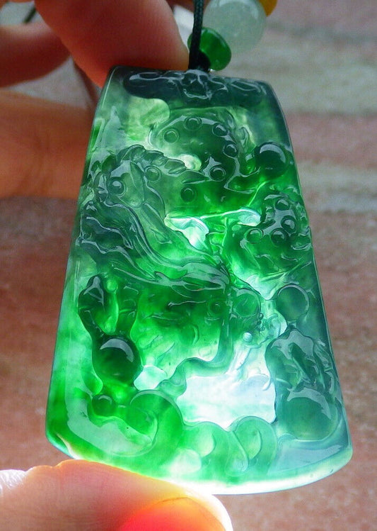 Certified Icy Green Burma 100% Natural A Jade jadeite Pendant Dragon Bead Necklace 生意兴隆 636507  TN