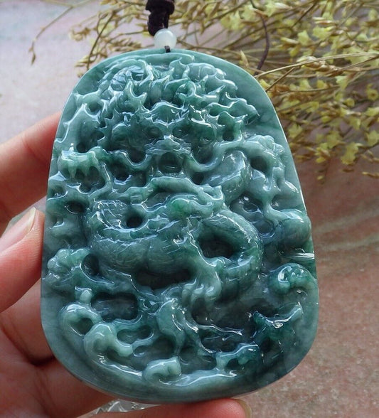 Certified Green Burma 100% Natural A Jade jadeite Pendant Dragon Bead Necklace 生意兴隆 574808 TN