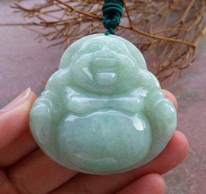 Certified Green Burma 100% Natural A Jade jadeite pendant Happy Buddha God Necklace 开心佛 525627  TN
