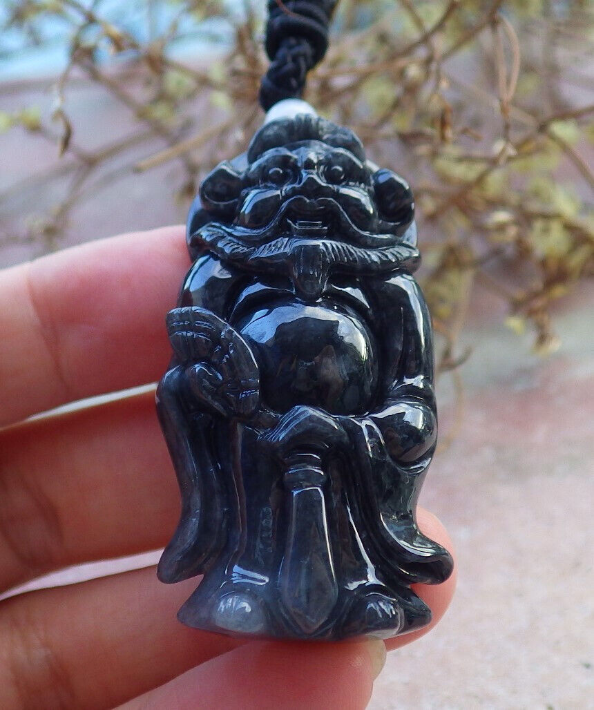 Certified Black Burma 100% Natural A Jade jadeite pendant Zhong Kui God Sword Fan Necklace 钟馗 633163  TN