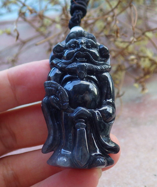 Certified Black Burma 100% Natural A Jade jadeite pendant Zhong Kui God Sword Fan Necklace 钟馗 633163  TN